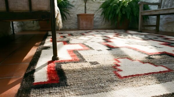 Tribal geometric antique flatwoven native american navajo kilim rug 7 Tribal geometric antique flatwoven native american navajo kilim rug (sku 23815) - in-room detail