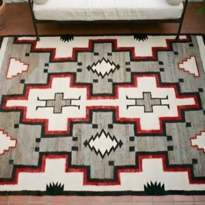 Tribal Geometric Antique Flatwoven Native American Navajo Kilim Rug (SKU 23815) - styled overhead view