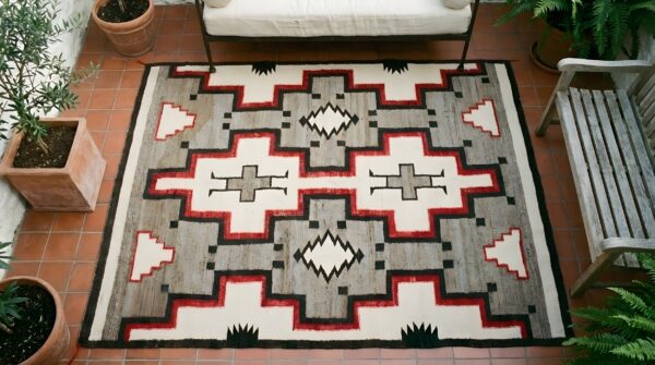 Tribal geometric antique flatwoven native american navajo kilim rug 2 Tribal geometric antique flatwoven native american navajo kilim rug (sku 23815) - styled overhead view