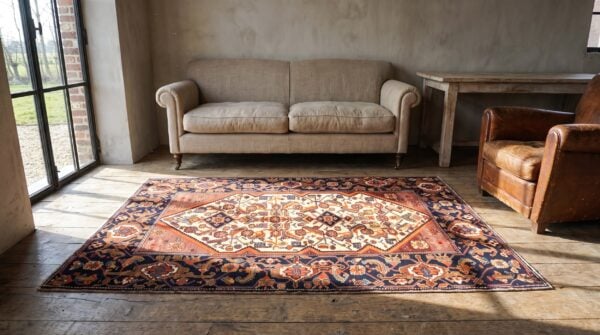 Tribal geometric herati design small antique ivory persian malayer rug 6 Tribal geometric herati design small antique ivory persian malayer rug (sku 21204) - room view