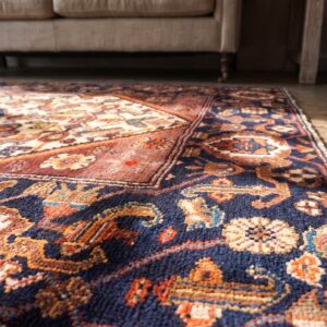 Tribal Geometric Herati Design Small Antique Ivory Persian Malayer Rug (SKU 21204) - in-room detail