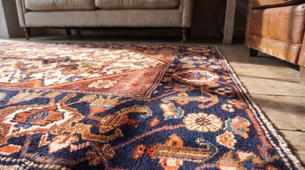 Tribal geometric herati design small antique ivory persian malayer rug 7 Tribal geometric herati design small antique ivory persian malayer rug (sku 21204) - in-room detail