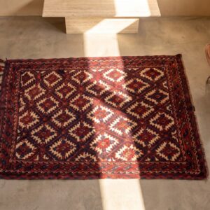 Tribal Geometric Antique Ivory Turkmen Yamoud Small Scatter Size Wool Rug (SKU 22381) - styled overhead view