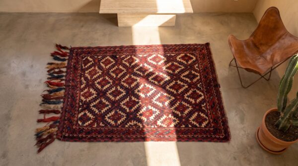 Tribal geometric antique ivory turkmen yamoud small scatter size wool rug 2 Tribal geometric antique ivory turkmen yamoud small scatter size wool rug (sku 22381) - styled overhead view