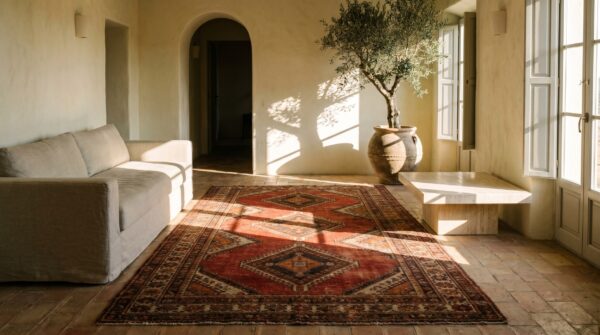 Tribal geometric antique khotan room size wool pile east turkestan rug 6 Tribal geometric antique khotan room size wool pile east turkestan rug (sku 20045) - room view