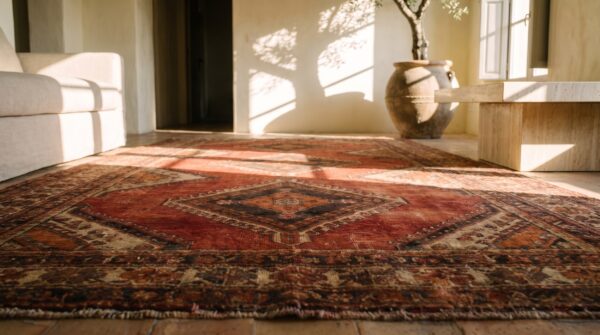 Tribal geometric antique khotan room size wool pile east turkestan rug 7 Tribal geometric antique khotan room size wool pile east turkestan rug (sku 20045) - in-room detail