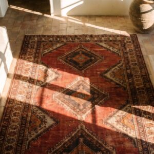 Tribal Geometric Antique Khotan Room Size Wool Pile East Turkestan Rug (SKU 20045) - styled overhead view