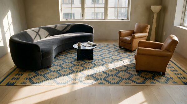 Tribal geometric kilim design antique indian cotton dhurrie rug 9 Tribal geometric kilim design antique indian cotton dhurrie rug (sku 24986) - room view