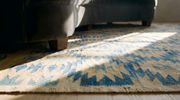 Tribal geometric kilim design antique indian cotton dhurrie rug 10 Tribal geometric kilim design antique indian cotton dhurrie rug (sku 24986) - in-room detail