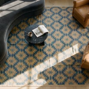 Tribal Geometric Kilim Design Antique Indian Cotton Dhurrie Rug (SKU 24986) - styled overhead view