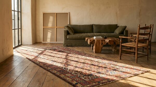 Antique tribal geometric kurdish persian hand-knotted wool hallway runner rug 7 Antique tribal geometric kurdish persian hand-knotted wool hallway runner rug (sku 21390) - room view