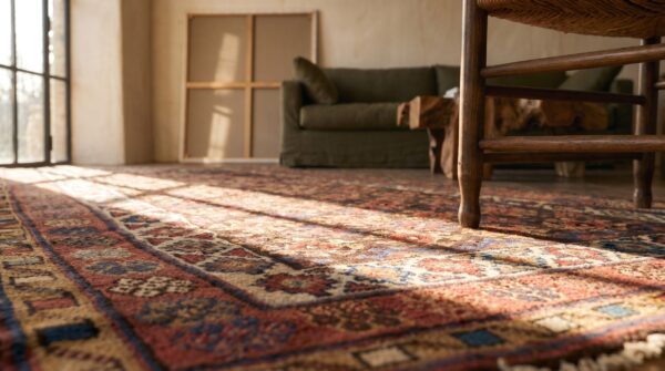 Antique tribal geometric kurdish persian hand-knotted wool hallway runner rug 8 Antique tribal geometric kurdish persian hand-knotted wool hallway runner rug (sku 21390) - in-room detail