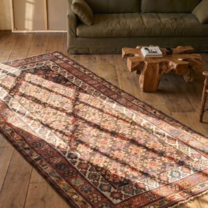 Antique Tribal Geometric Kurdish Persian Hand-Knotted Wool Hallway Runner Rug (SKU 21390) - styled overhead view