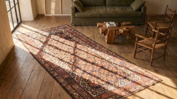 Antique tribal geometric kurdish persian hand-knotted wool hallway runner rug 2 Antique tribal geometric kurdish persian hand-knotted wool hallway runner rug (sku 21390) - styled overhead view