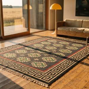 Antique Tribal Geometric Large Long and Narrow Size Indian Flatweave Dhurrie Rug (SKU 22086) - room view