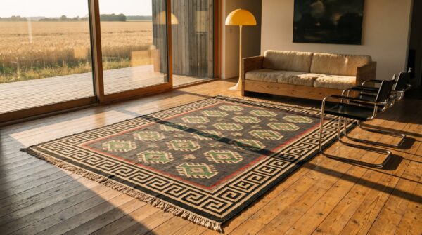 Antique tribal geometric large long and narrow size indian flatweave dhurrie rug 6 Antique tribal geometric large long and narrow size indian flatweave dhurrie rug (sku 22086) - room view