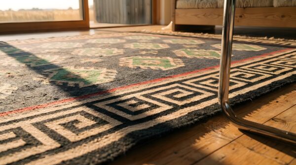 Antique tribal geometric large long and narrow size indian flatweave dhurrie rug 7 Antique tribal geometric large long and narrow size indian flatweave dhurrie rug (sku 22086) - in-room detail