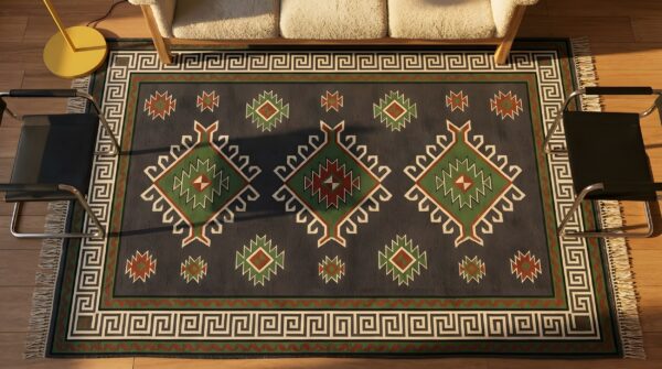 Antique tribal geometric large long and narrow size indian flatweave dhurrie rug 2 Antique tribal geometric large long and narrow size indian flatweave dhurrie rug (sku 22086) - styled overhead view