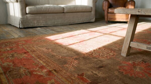 Tribal geometric antique large room size warm gray turkish oushak area rug 8 Tribal geometric antique large room size warm gray turkish oushak area rug (sku 19793) - in-room detail