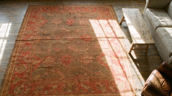 Tribal geometric antique large room size warm gray turkish oushak area rug 2 Tribal geometric antique large room size warm gray turkish oushak area rug (sku 19793) - styled overhead view