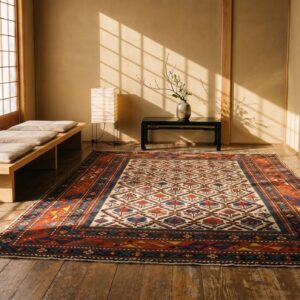 Antique Tribal Geometric Late 19th Century Ivory Caucasian Shirvan Muslim Prayer Rug (SKU 18077) - room view