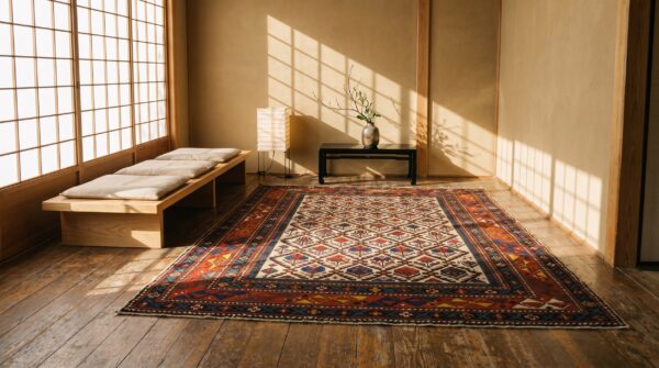 Antique tribal geometric late 19th century ivory caucasian shirvan muslim prayer rug 12 Antique tribal geometric late 19th century ivory caucasian shirvan muslim prayer rug (sku 18077) - room view