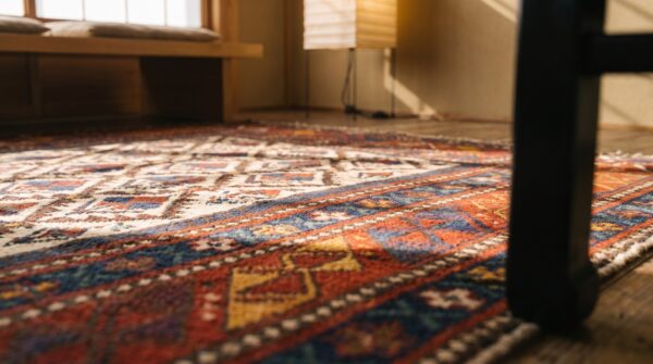 Antique tribal geometric late 19th century ivory caucasian shirvan muslim prayer rug 13 Antique tribal geometric late 19th century ivory caucasian shirvan muslim prayer rug (sku 18077) - in-room detail