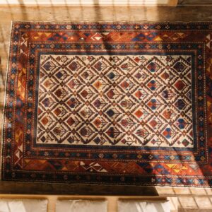 Antique Tribal Geometric Late 19th Century Ivory Caucasian Shirvan Muslim Prayer Rug (SKU 18077) - styled overhead view