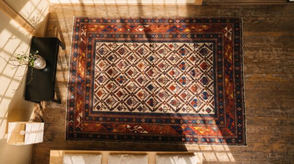 Antique tribal geometric late 19th century ivory caucasian shirvan muslim prayer rug 2 Antique tribal geometric late 19th century ivory caucasian shirvan muslim prayer rug (sku 18077) - styled overhead view