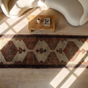 Tribal Geometric Late 19th Century Antique Persian Serab Hallway Runner Rug (SKU 25368) - styled overhead view