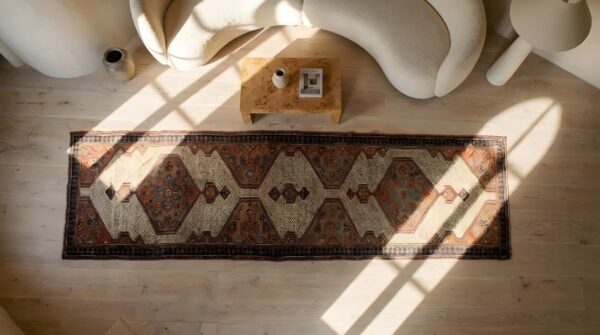 Tribal geometric late 19th century antique persian serab hallway runner rug 2 Tribal geometric late 19th century antique persian serab hallway runner rug (sku 25368) - styled overhead view