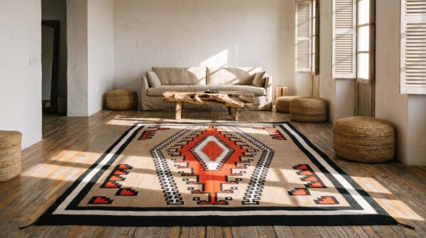 Tribal geometric antique native american room size navajo flatwoven rug 7 Tribal geometric antique native american room size navajo flatwoven rug (sku 22098) - room view