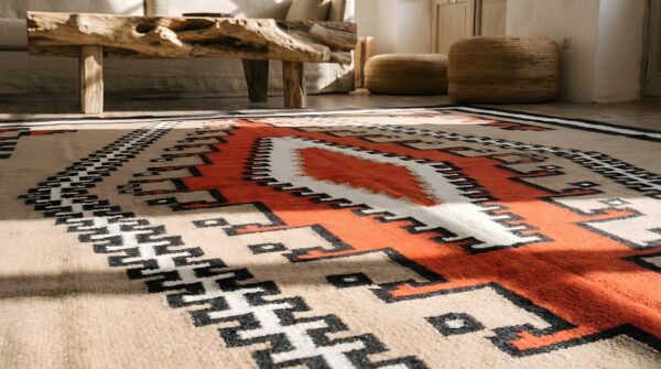 Tribal geometric antique native american room size navajo flatwoven rug 8 Tribal geometric antique native american room size navajo flatwoven rug (sku 22098) - in-room detail