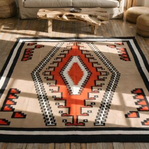Tribal Geometric Antique Native American Room Size Navajo Flatwoven Rug (SKU 22098) - styled overhead view