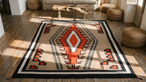 Tribal geometric antique native american room size navajo flatwoven rug 2 Tribal geometric antique native american room size navajo flatwoven rug (sku 22098) - styled overhead view