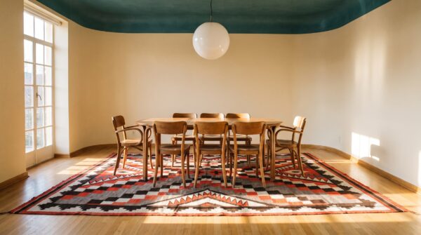 Tribal geometric antique navajo native american flatweave rug 7 Tribal geometric antique navajo native american flatweave rug (sku 25473) - room view
