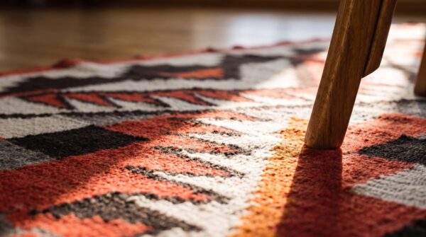Tribal geometric antique navajo native american flatweave rug 8 Tribal geometric antique navajo native american flatweave rug (sku 25473) - in-room detail