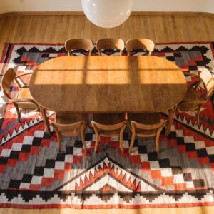 Tribal Geometric Antique Navajo Native American Flatweave Rug (SKU 25473) - styled overhead view