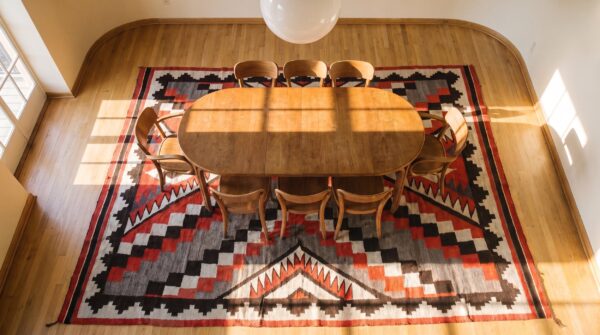 Tribal geometric antique navajo native american flatweave rug 2 Tribal geometric antique navajo native american flatweave rug (sku 25473) - styled overhead view