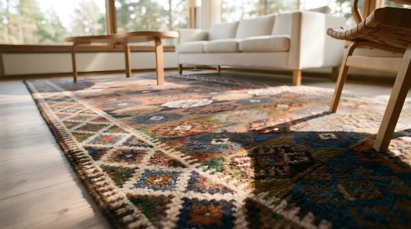 Antique tribal geometric nw persian flat weave kilim hall runner rug (sku 24639) - in-room detail