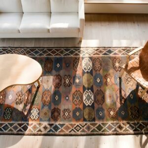 Antique Tribal Geometric NW Persian Flat Weave Kilim Hall Runner Rug (SKU 24639) - styled overhead view
