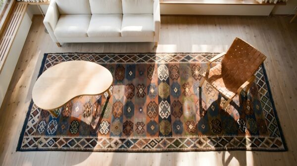 Antique tribal geometric nw persian flat weave kilim hall runner rug (sku 24639) - styled overhead view