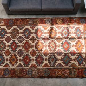 Tribal Geometric Antique NW Persian Ivory Kurdish Hallway Runner Rug (SKU 21372) - styled overhead view