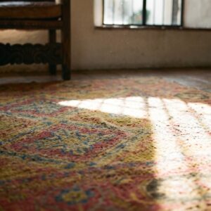 Antique Tribal Geometric Pattern Cotton Scatter Size Yellow Agra Rug (SKU 19439) - in-room detail