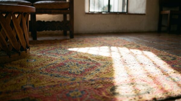 Antique tribal geometric pattern cotton scatter size yellow agra rug 6 Antique tribal geometric pattern cotton scatter size yellow agra rug (sku 19439) - in-room detail