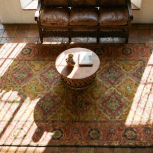 Antique Tribal Geometric Pattern Cotton Scatter Size Yellow Agra Rug (SKU 19439) - styled overhead view
