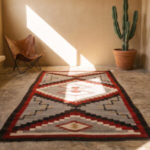 Tribal Geometric Pattern Antique Gray Flat Weave Native American Navajo Rug (SKU 21315) - room view