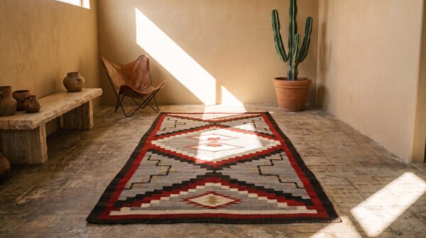 Tribal geometric pattern antique gray flat weave native american navajo rug 6 Tribal geometric pattern antique gray flat weave native american navajo rug (sku 21315) - room view