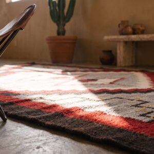 Tribal Geometric Pattern Antique Gray Flat Weave Native American Navajo Rug (SKU 21315) - in-room detail