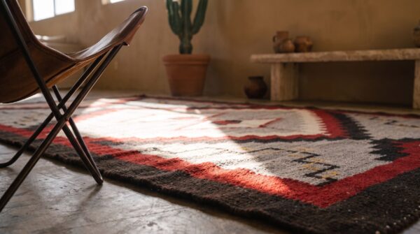 Tribal geometric pattern antique gray flat weave native american navajo rug 7 Tribal geometric pattern antique gray flat weave native american navajo rug (sku 21315) - in-room detail